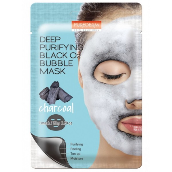 Тканевая очищающая кислородная маска с древесным углем Purederm black 02 bubble mask Charcoal